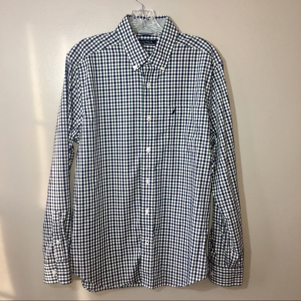Nautica Button Up Dress Shirt Blue Green‎ Checked M